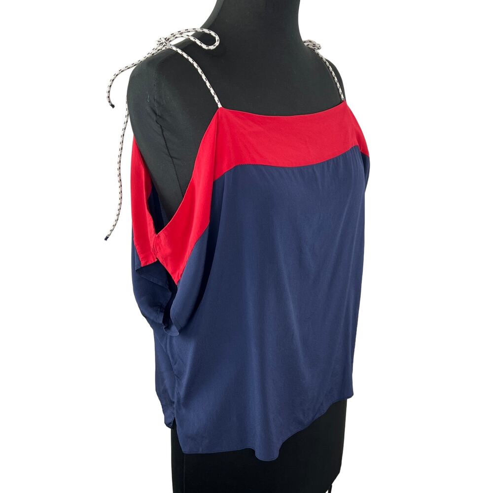 JOIE Blue Red Cold Shoulder Short Sleeve 100% Silk Relaxed Fit Blouse Size M